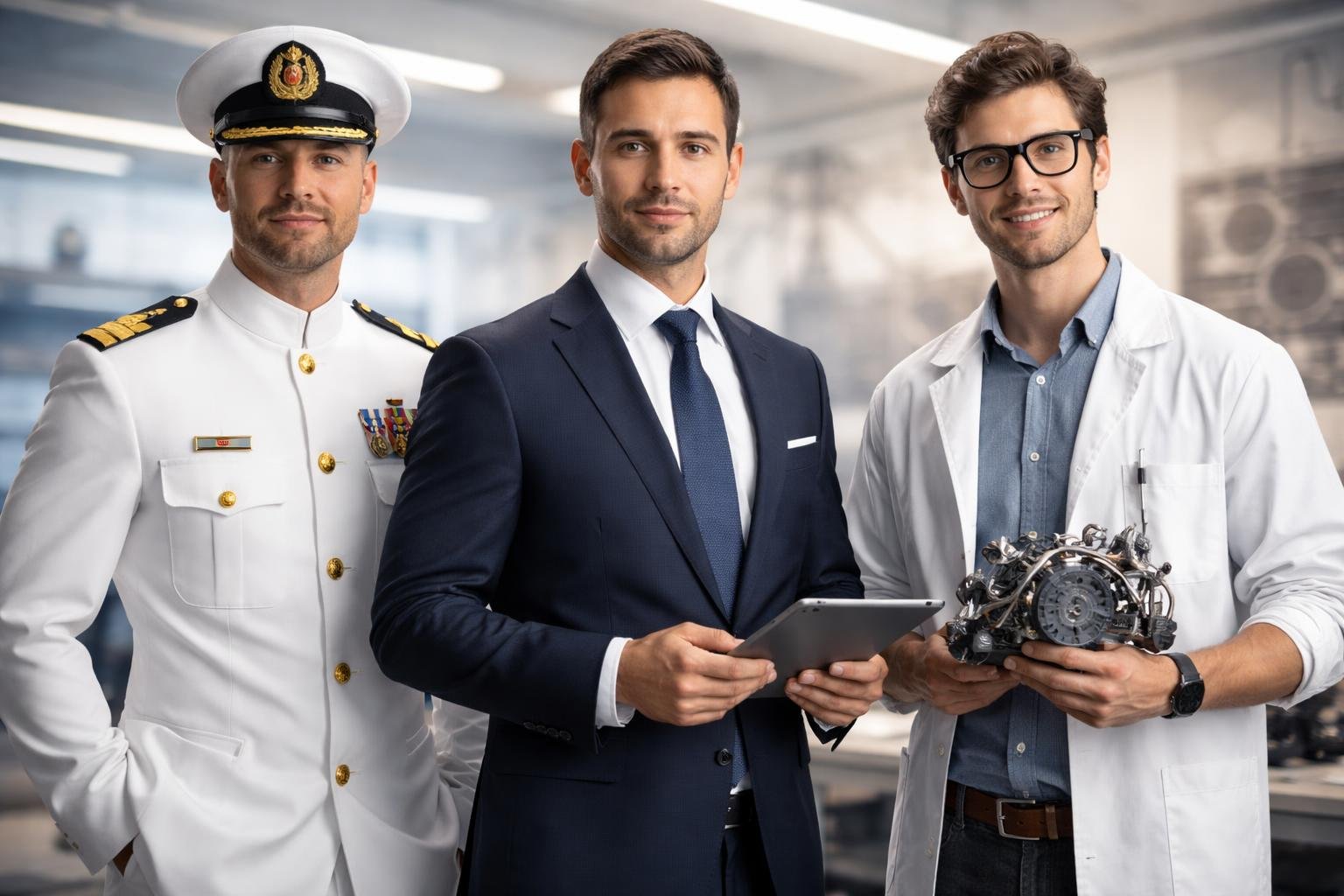 Trois hommes représentant un officier de marine, un stratège industriel et un inventeur posent côte à côte dans un environnement moderne, chacun montrant des signes de professionnalisme et de concentration.