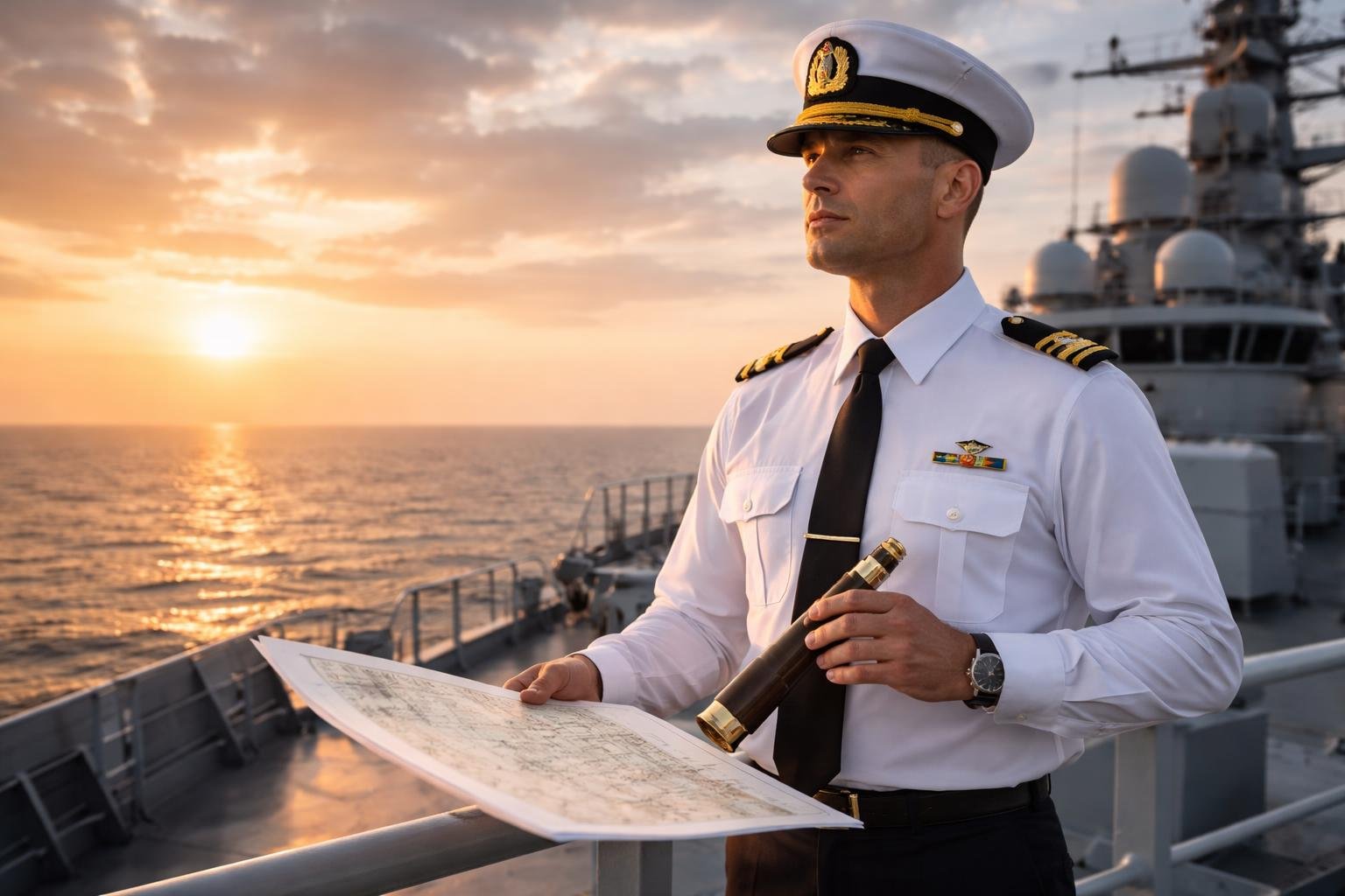 Un officier de marine en uniforme debout sur le pont d'un navire moderne, regardant l'océan au lever du soleil avec un télescope et une carte de navigation.