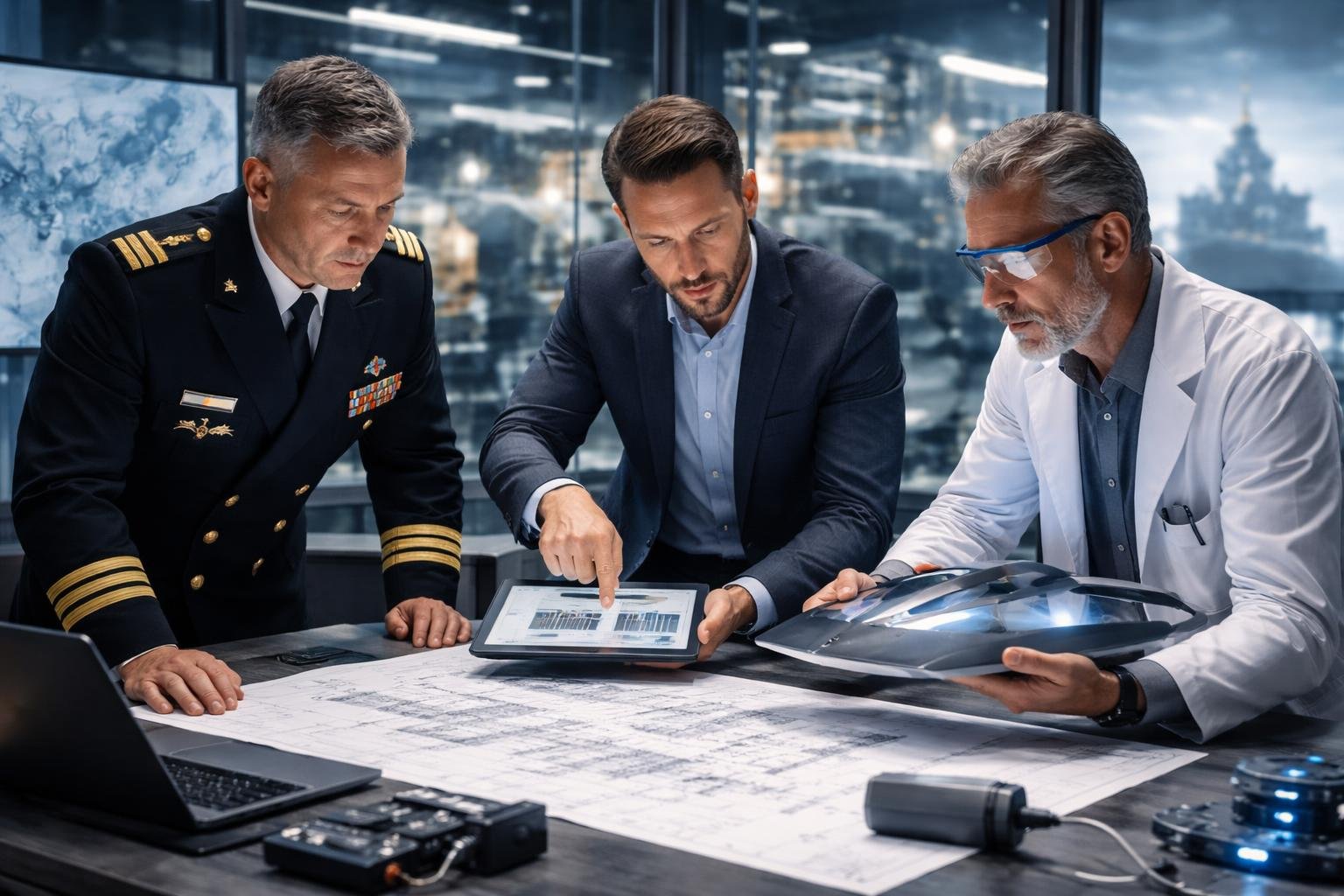 Un officier de marine, un stratège industriel et un inventeur discutent autour d'une table avec des plans et un prototype dans un environnement industriel moderne.