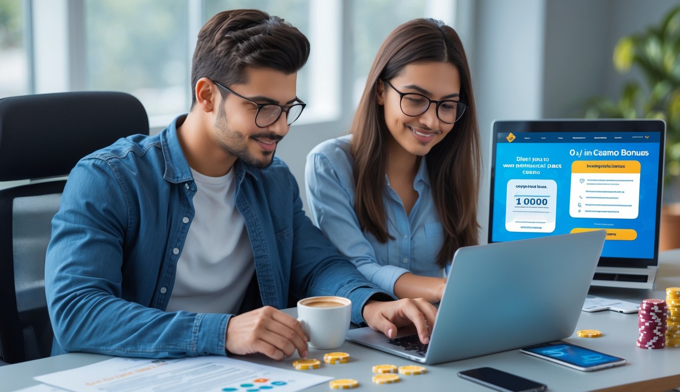Dua orang muda sedang duduk bersama di meja kerja dengan laptop dan dokumen, membahas klaim bonus kasino online.