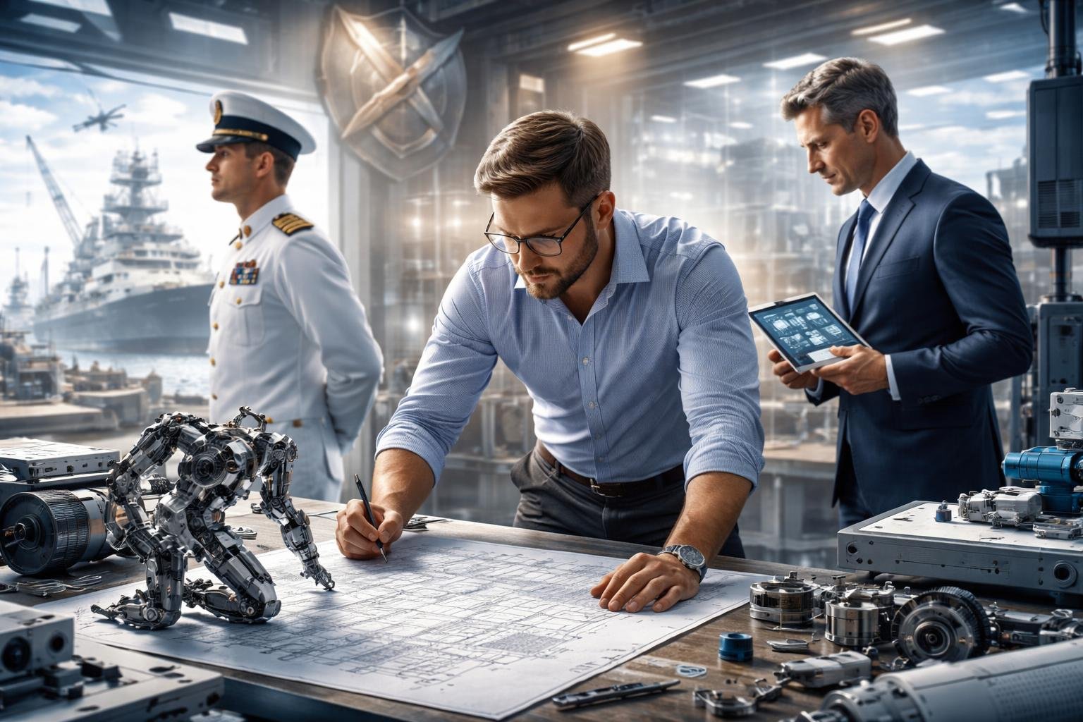 Un inventeur examine un plan mécanique tandis qu'un officier de marine en uniforme et un stratège industriel discutent dans un atelier industriel moderne avec un chantier naval en arrière-plan.