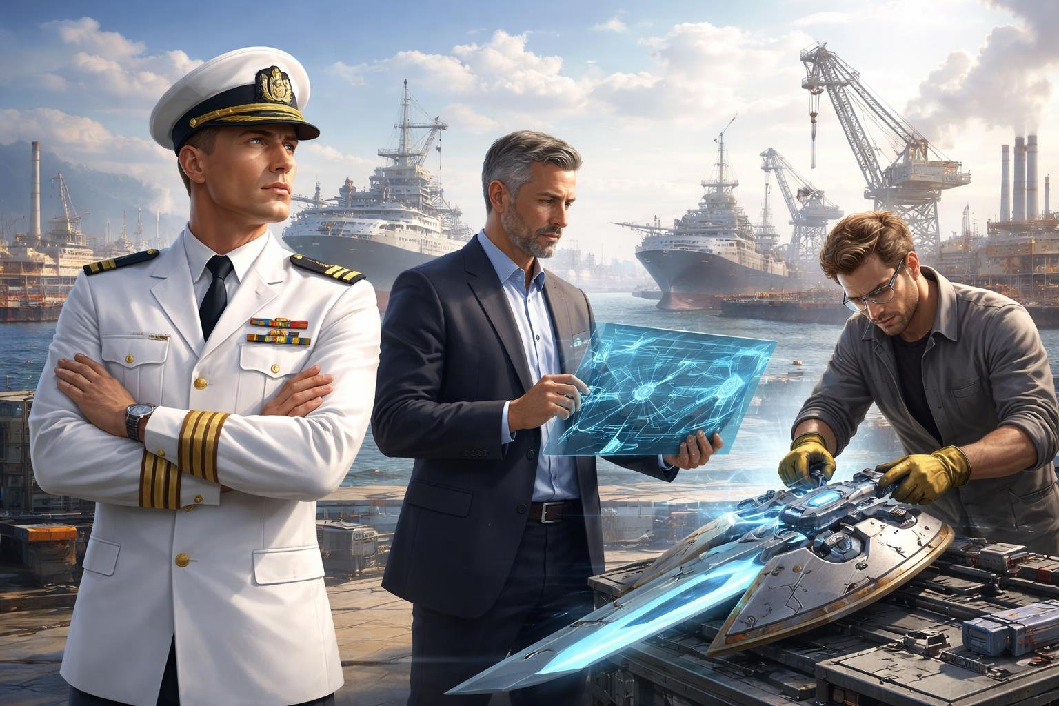 Un officier de marine, un stratège industriel et un inventeur travaillent ensemble devant un port industriel moderne avec des navires et des machines.