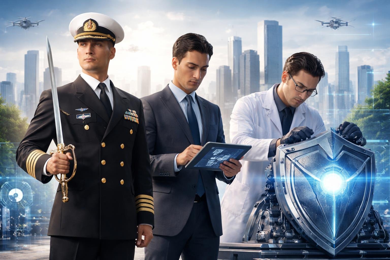 Un officier de marine tenant une épée, un stratège industriel avec une tablette, et un inventeur travaillant sur un bouclier futuriste devant une ville moderne.