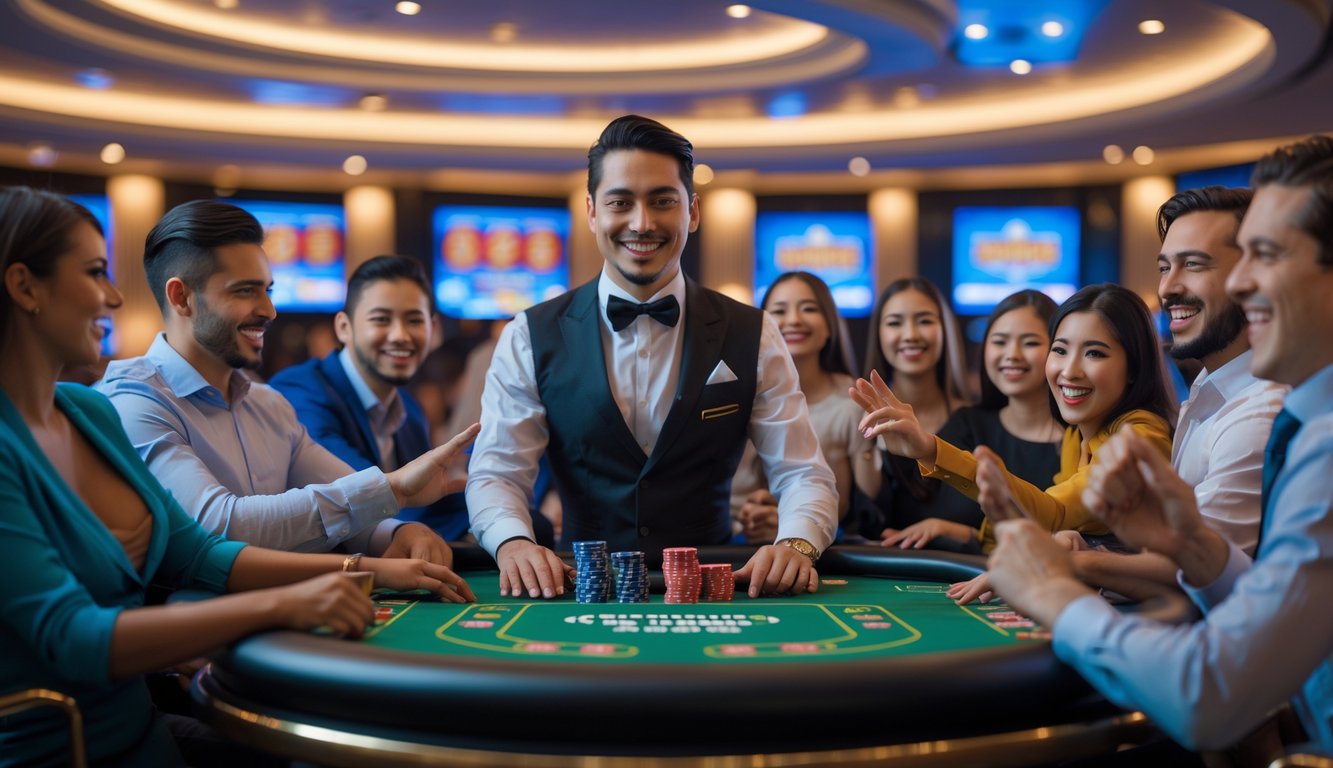 Seorang dealer tersenyum di meja kasino dengan pemain yang beragam sedang bermain dan suasana kasino yang ramah dan elegan.