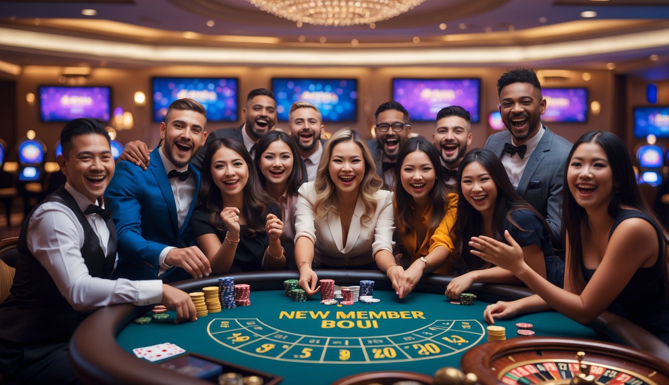 Sekelompok orang beragam yang berpakaian rapi sedang bermain di meja kasino dengan kartu dan chip, suasana ceria dan hangat di dalam kasino langsung.