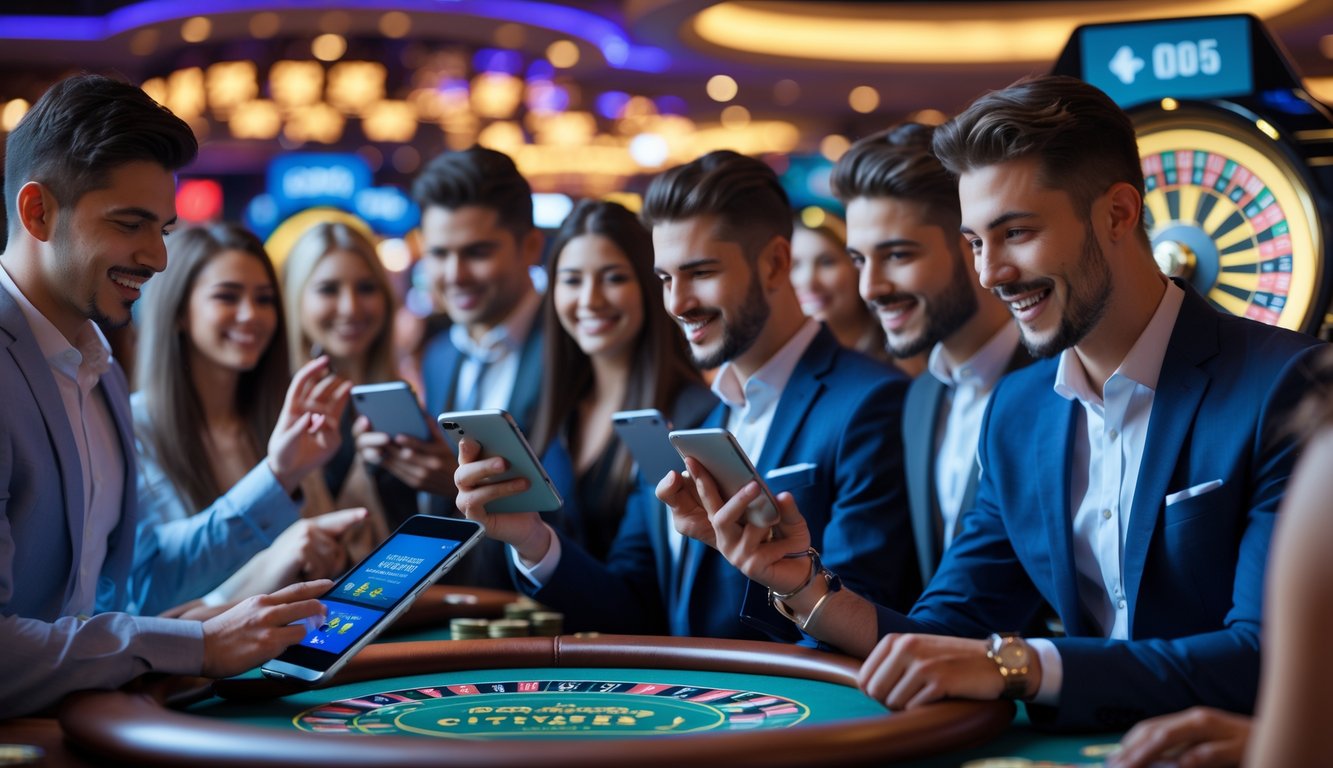 Sekelompok orang muda menggunakan perangkat digital di kasino langsung dengan suasana cerah dan elemen kasino seperti roda roulette dan chip di latar belakang.