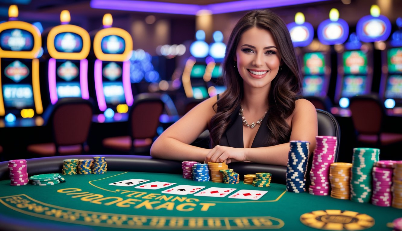 Seorang dealer kasino tersenyum di meja blackjack dengan chip poker dan kartu, latar belakang mesin slot dan meja permainan lainnya terlihat samar.