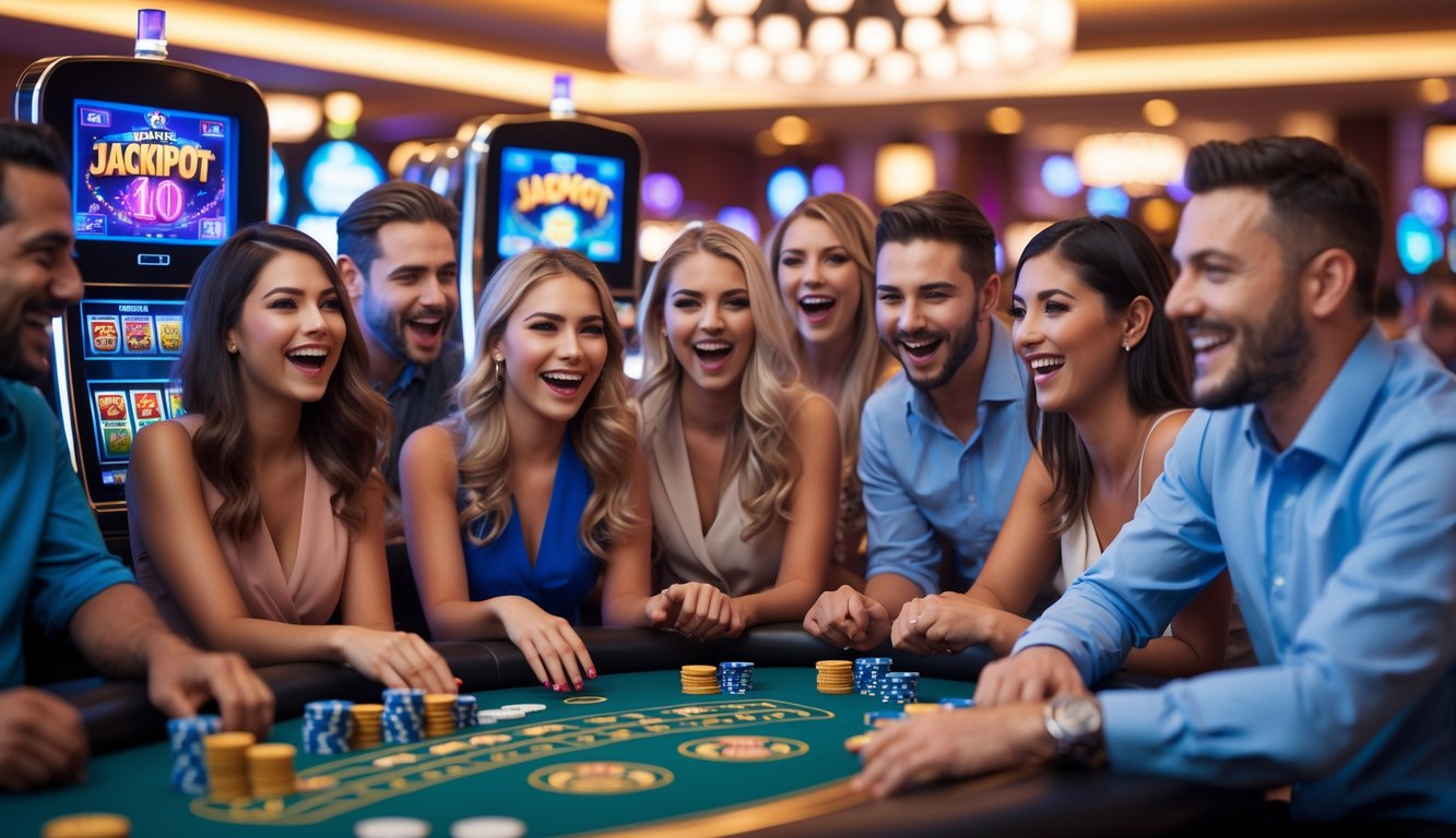 Sekelompok orang bermain di meja kasino langsung dengan ekspresi senang, dikelilingi oleh chip dan layar mesin slot yang berwarna-warni.