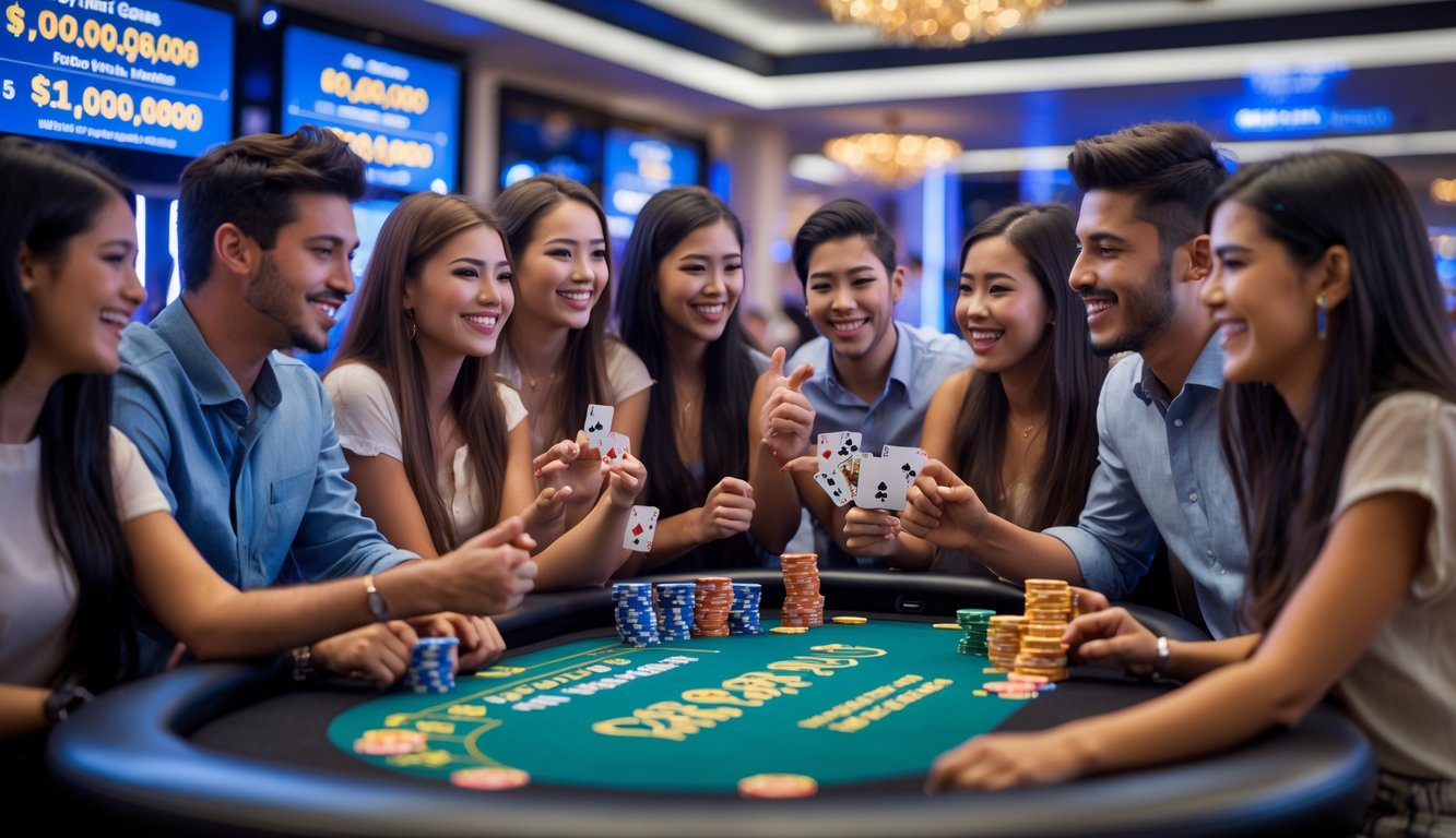 Sekelompok orang muda yang antusias bermain di meja kasino langsung dengan suasana cerah dan penuh semangat, merayakan kemenangan kecil dan bonus baru.
