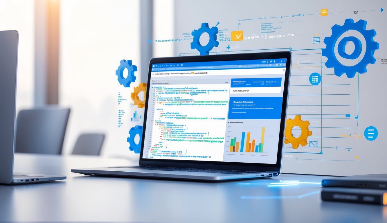 Seorang profesional bekerja di depan laptop dengan kode HTML dan grafik analitik SEO di layar, dikelilingi oleh simbol teknis dan ikon terkait pengindeksan situs web.