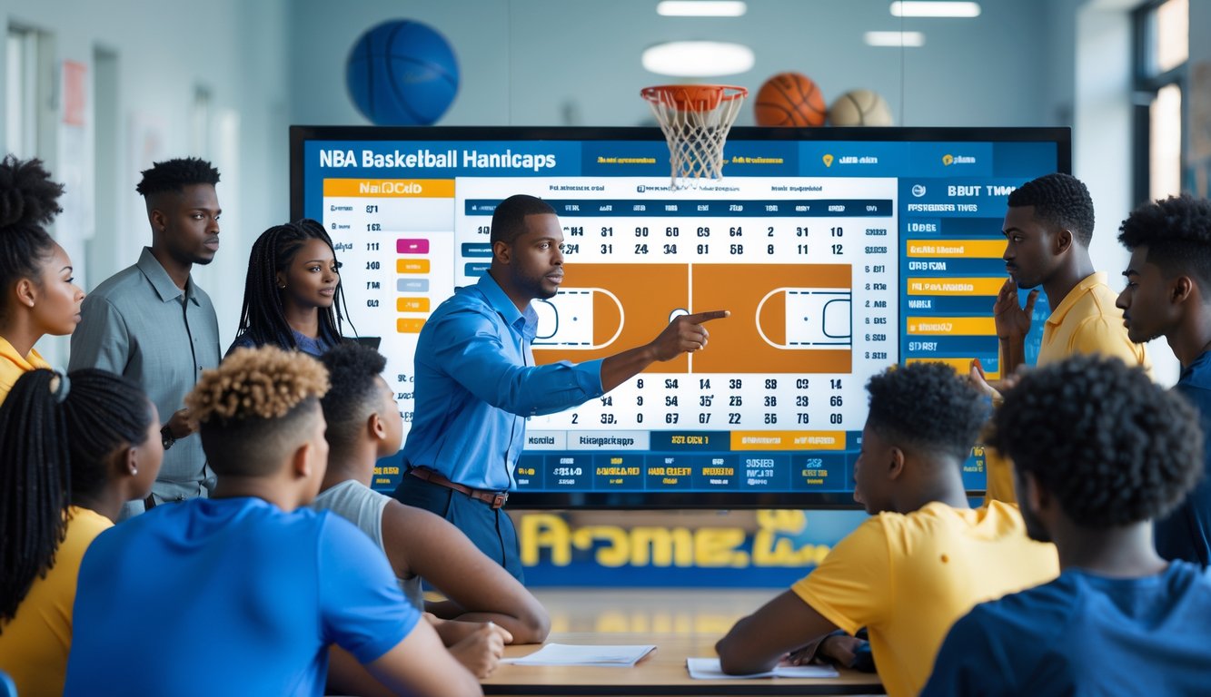 Sekelompok pemula belajar tentang handicap basket NBA di ruang pelatihan dengan layar digital yang menampilkan statistik dan grafik bola basket.