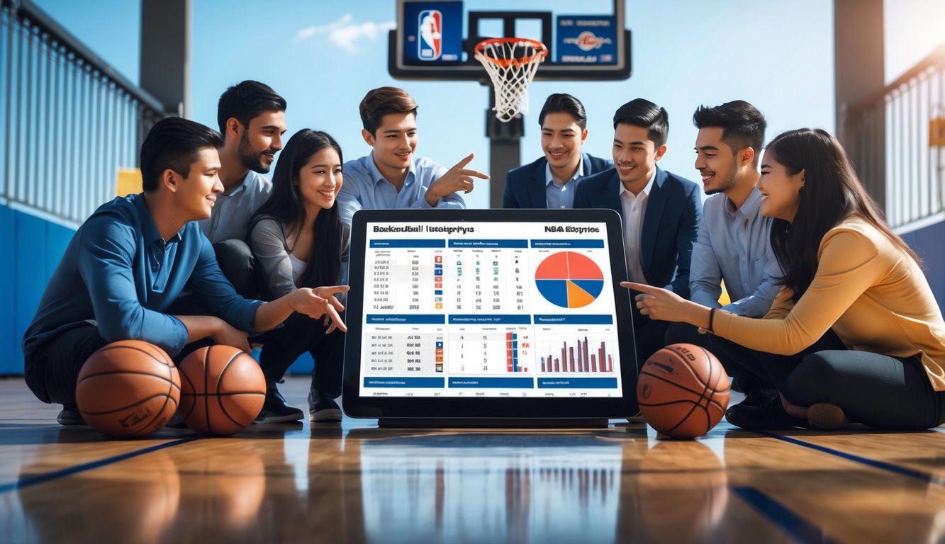 Sekelompok orang muda sedang belajar bersama di lapangan basket dengan perangkat digital yang menampilkan statistik dan data NBA.