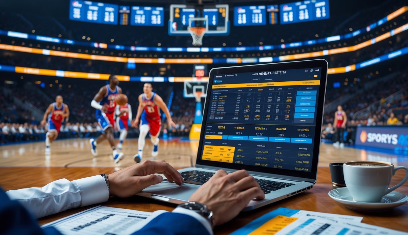 Seorang pria menggunakan laptop dan ponsel di meja dekat lapangan basket dengan pemain NBA sedang bermain di latar belakang.