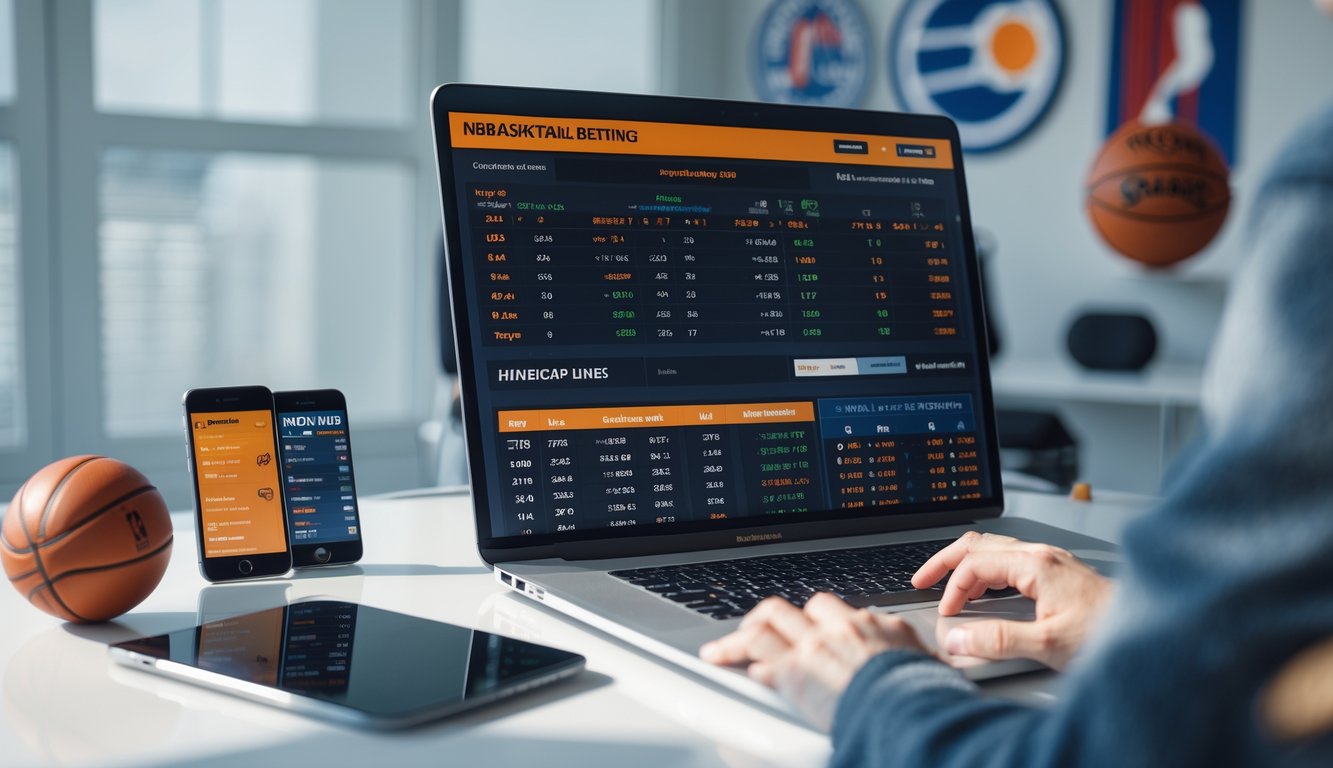Seseorang sedang menganalisis statistik dan peluang taruhan handicap NBA di laptop dengan layar besar menampilkan data pertandingan basket di latar belakang.