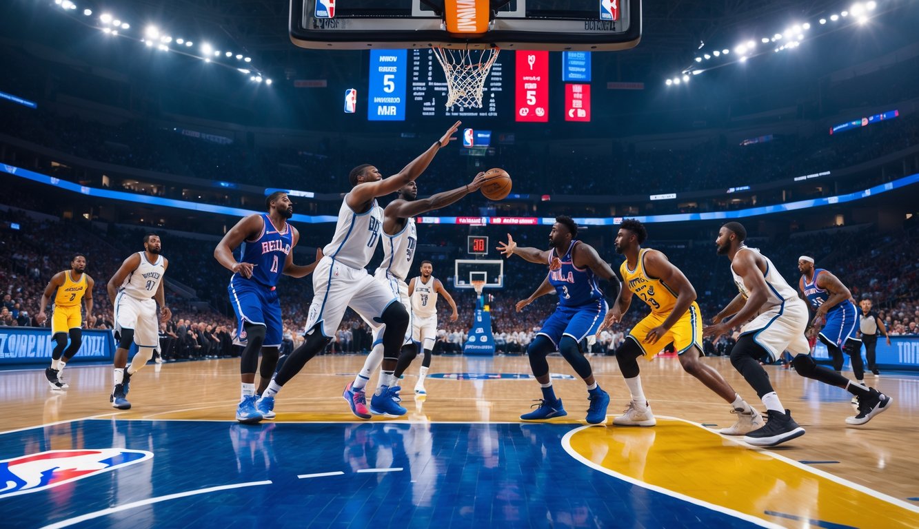 Pertandingan bola basket NBA yang intens di dalam arena dengan pemain beraksi di dekat keranjang, penonton antusias di latar belakang.