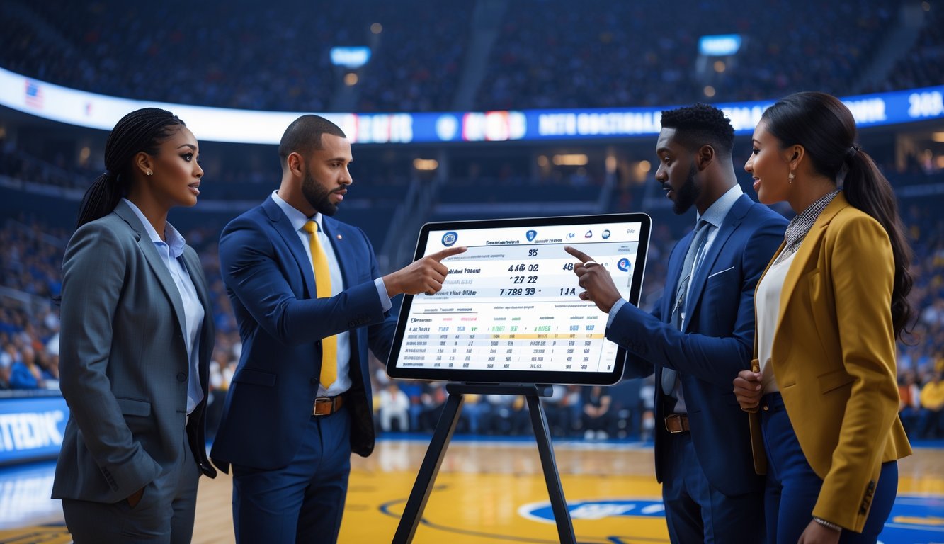Sekelompok orang sedang berdiskusi dan menganalisis data taruhan basket NBA di sebuah arena basket.
