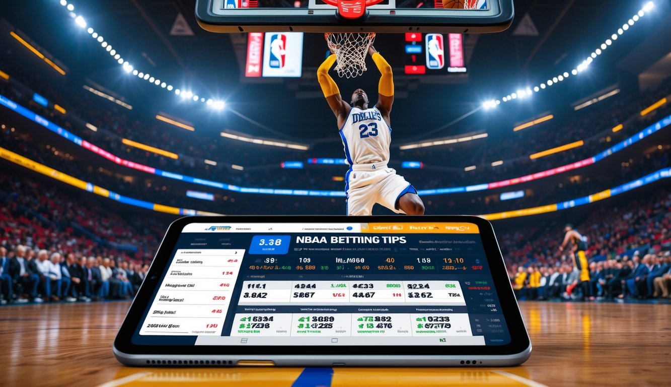 Seorang pemain basket sedang melompat untuk melakukan slam dunk di arena NBA yang penuh penonton, dengan layar digital menampilkan statistik taruhan di latar depan.