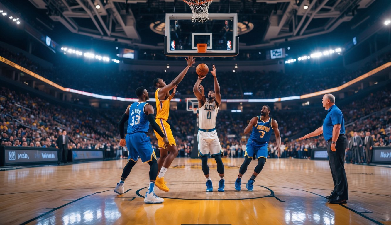 Adegan pertandingan basket NBA yang intens dengan pemain yang sedang melakukan tembakan dan pemain bertahan, di dalam arena penuh penonton, dengan pelatih memeriksa statistik di pinggir lapangan.