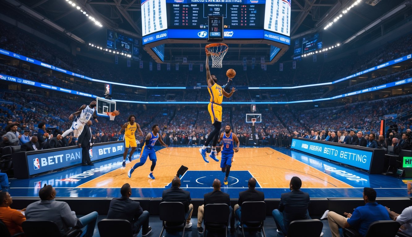 Seorang pemain basket NBA sedang melakukan slam dunk di arena penuh penonton, dengan beberapa orang menonton pertandingan sambil melihat layar yang menampilkan peluang taruhan.