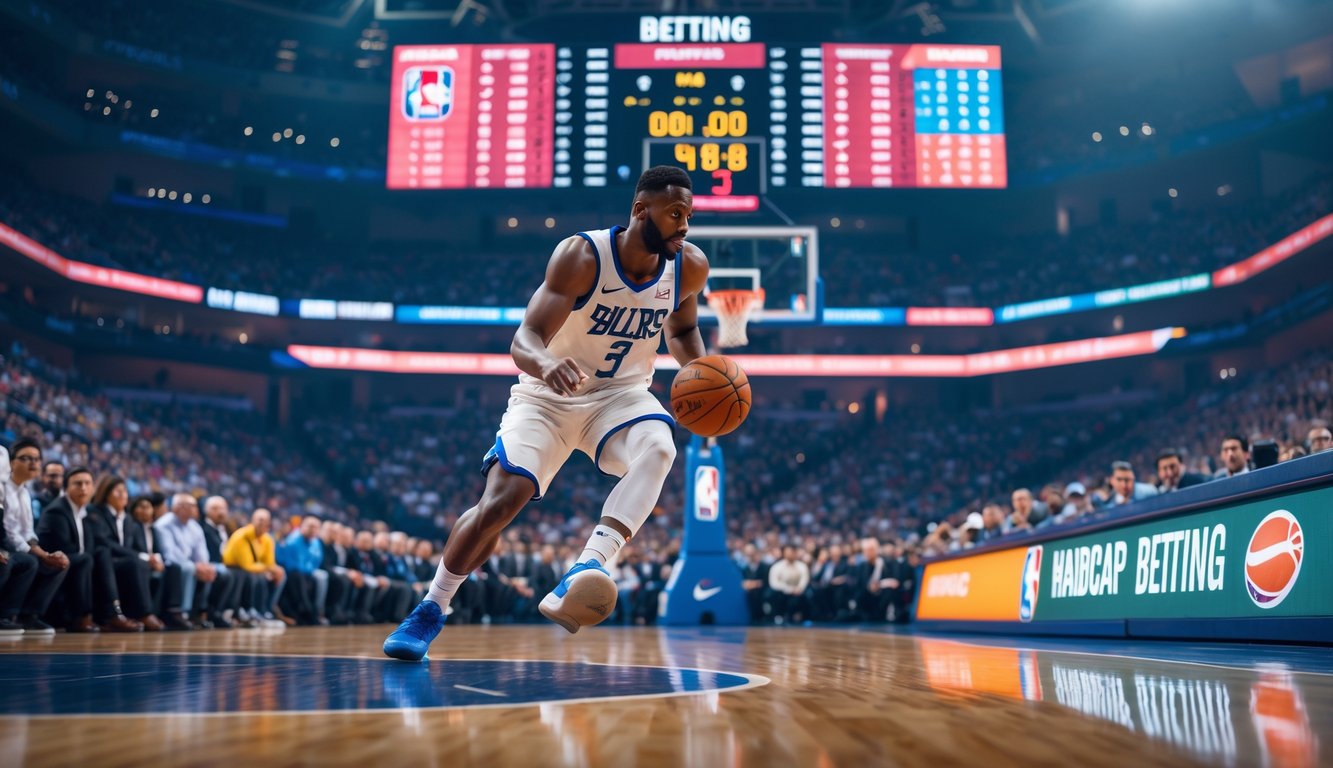Pertandingan bola basket NBA yang intens di arena besar dengan pemain sedang menggiring bola dan penggemar di tribun.