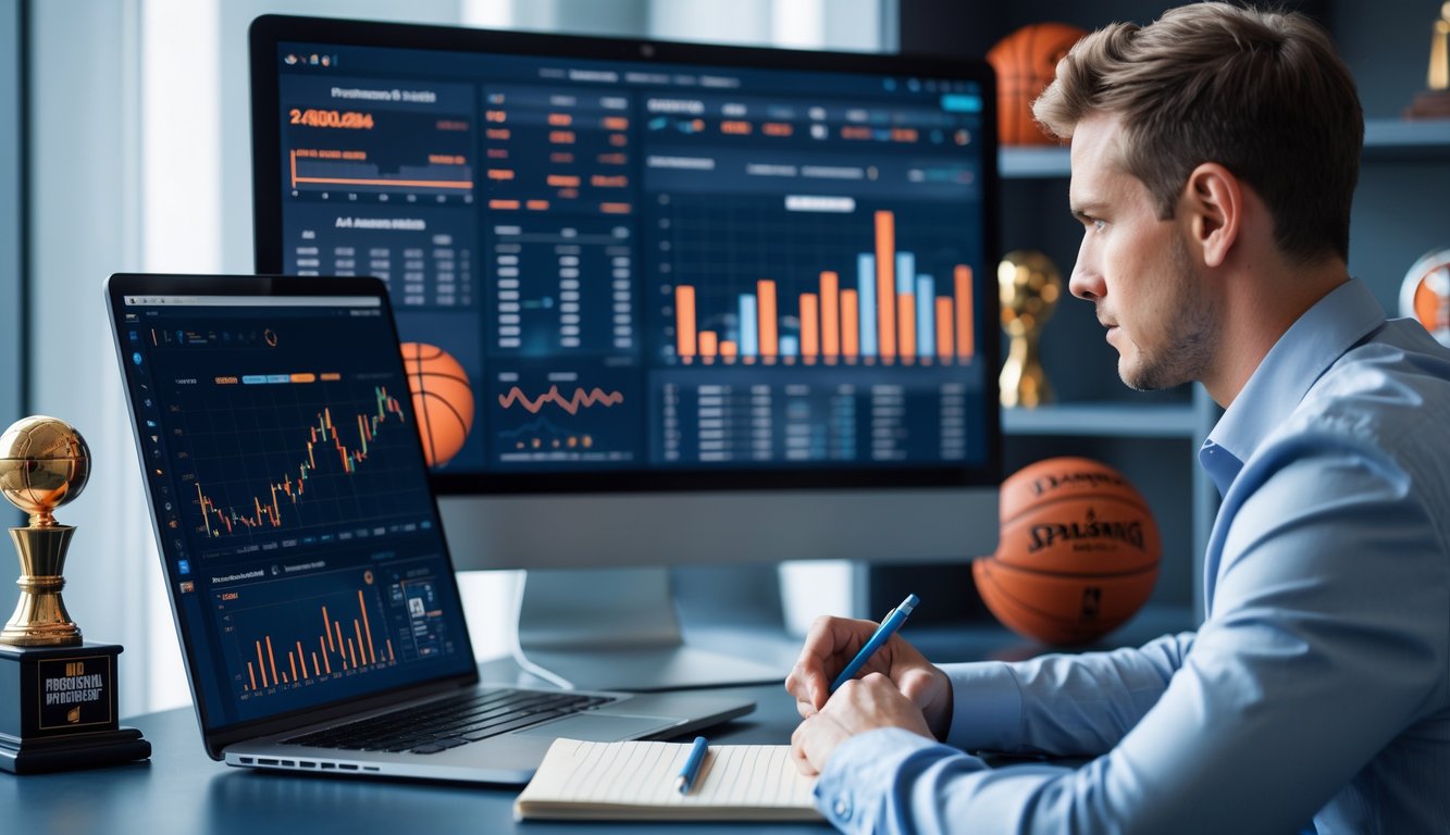 Seorang pria sedang menganalisis data statistik basket NBA di depan komputer di ruang kerja yang rapi dengan perlengkapan basket di latar belakang.