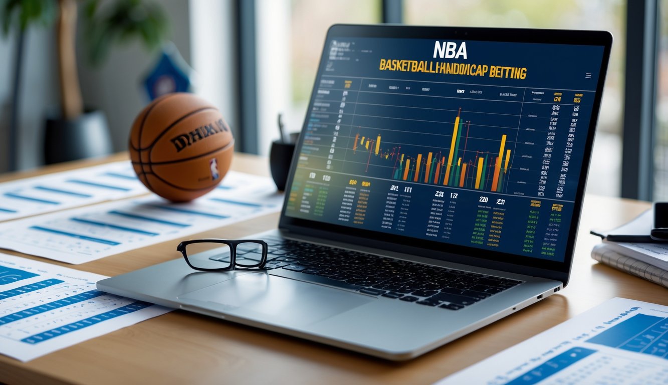 Meja kerja dengan laptop yang menampilkan statistik dan grafik taruhan handicap basket NBA, bola basket dan kacamata di sampingnya.