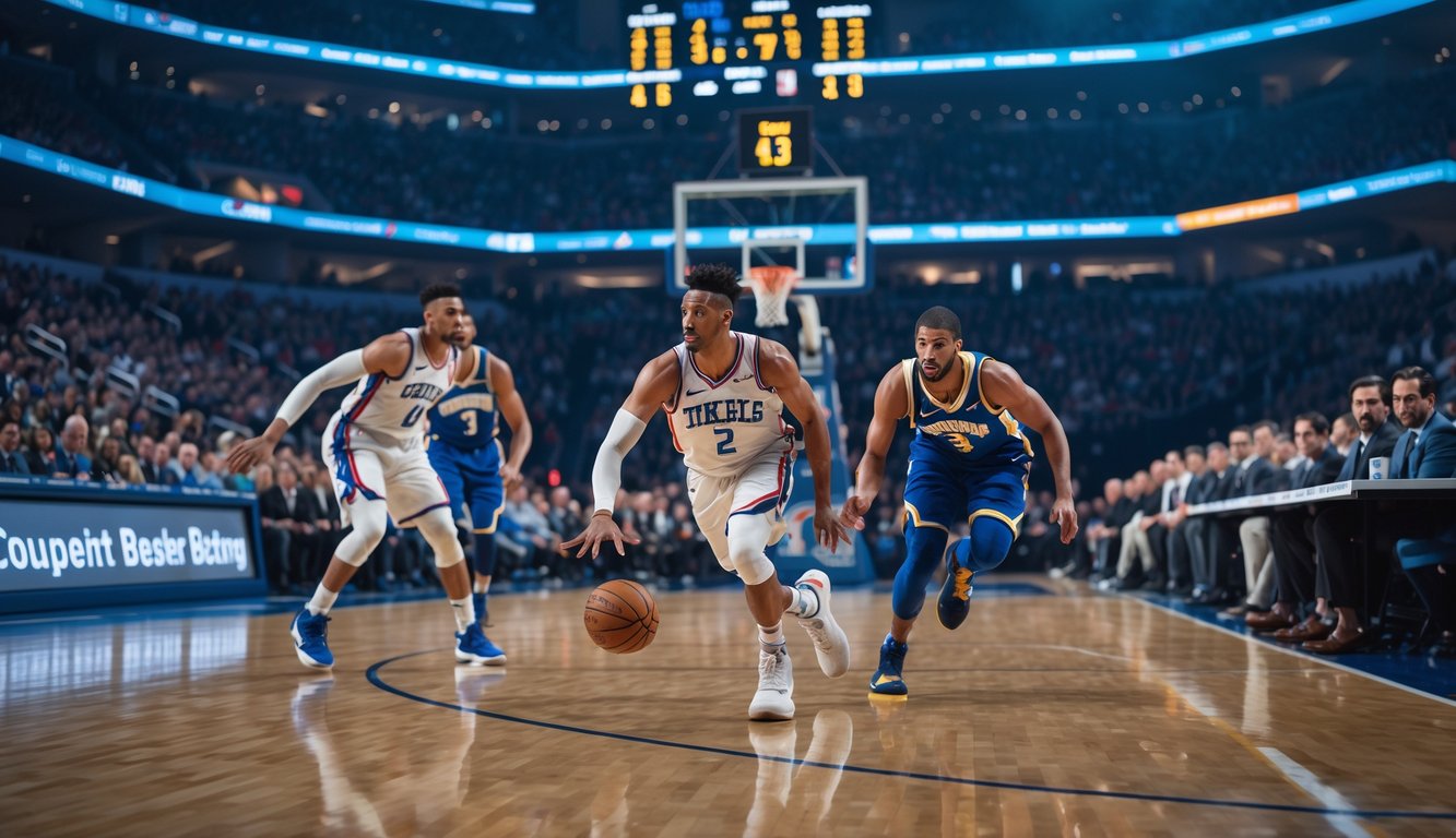 Pertandingan bola basket NBA di lapangan dalam ruangan dengan pemain yang sedang beraksi dan penonton di tribun.