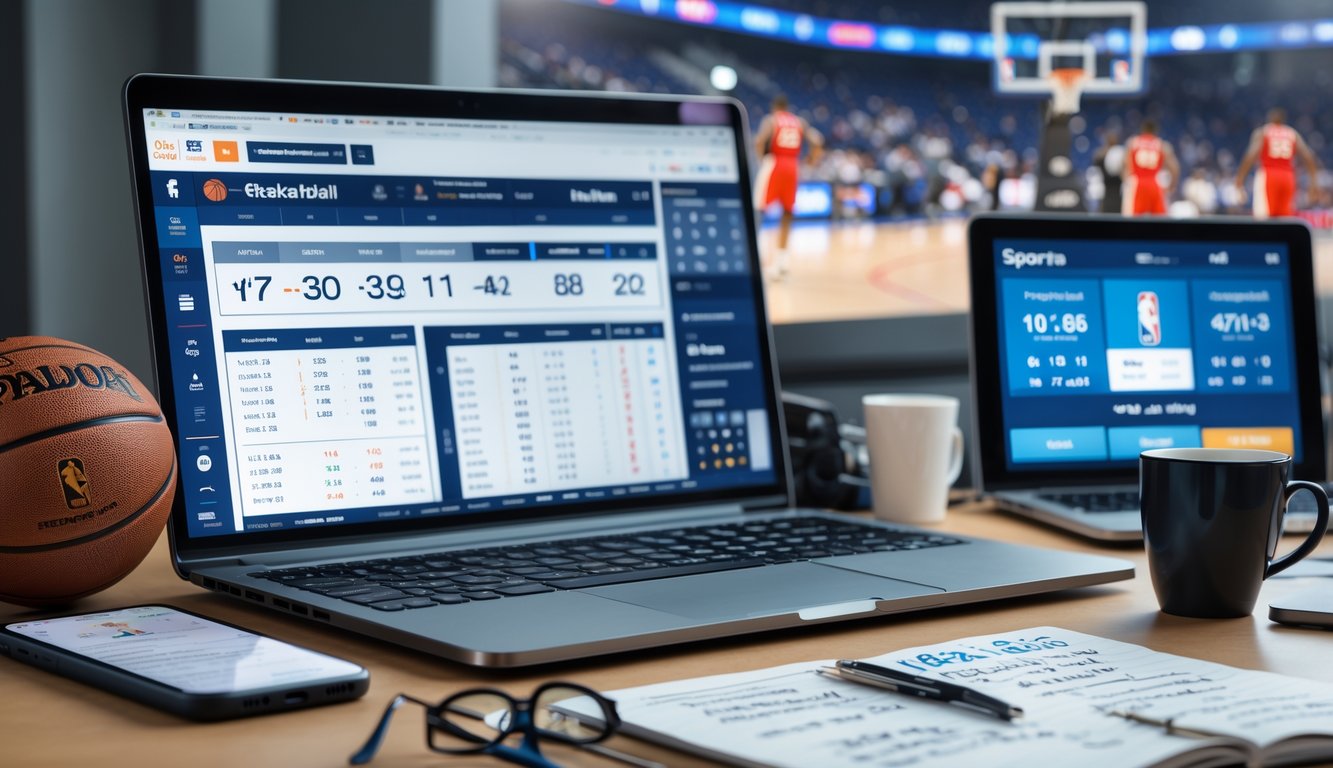 Meja kerja dengan laptop, ponsel, bola basket kecil, dan catatan taruhan di depan latar belakang lapangan basket NBA.