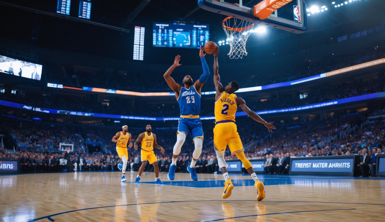 Dua pemain basket NBA sedang berkompetisi dekat ring dalam pertandingan di stadion yang penuh penonton.