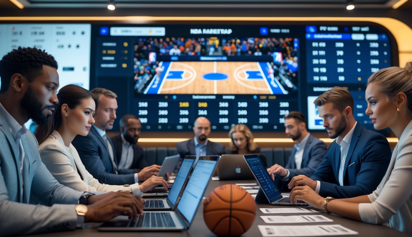 Sekelompok orang sedang menganalisis data taruhan basket NBA di sebuah ruang taruhan olahraga modern.