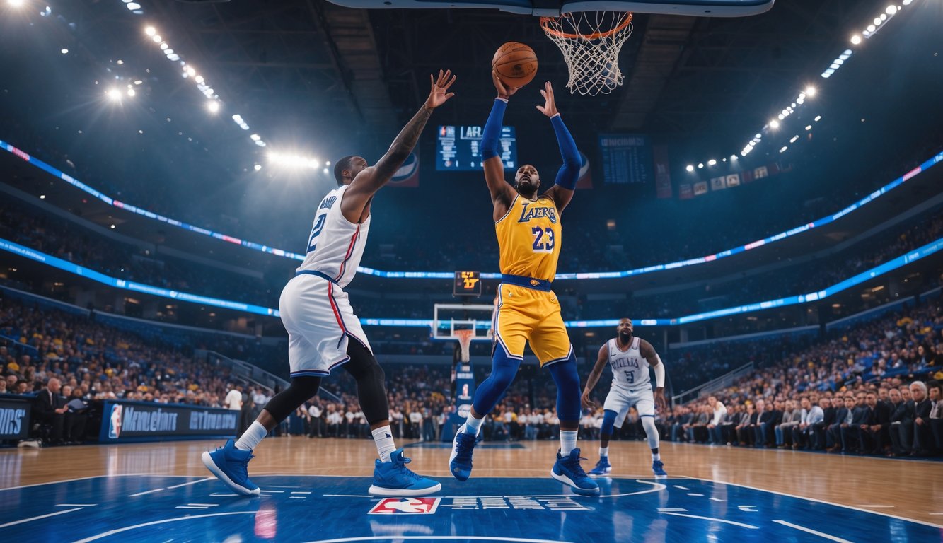 Dua pemain basket NBA sedang bertanding di lapangan dengan penonton ramai di latar belakang.