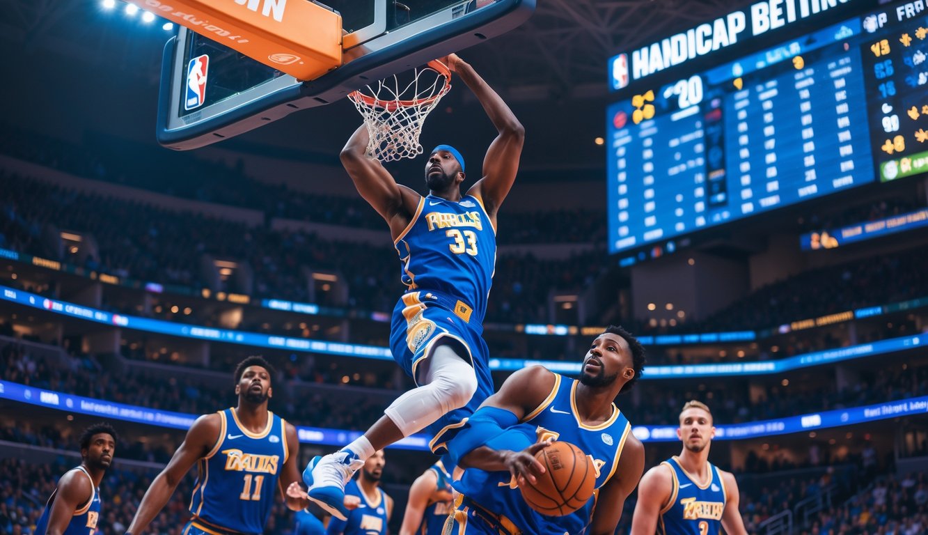 Seorang pemain basket NBA sedang melompat untuk melakukan slam dunk di lapangan dengan pemain lain dan penonton di latar belakang.