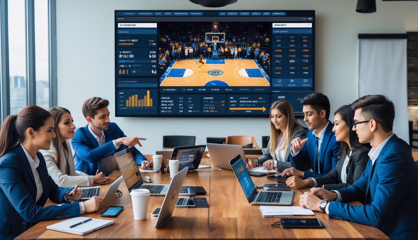 Sekelompok profesional muda sedang berdiskusi di ruang kantor dengan perangkat digital yang menampilkan statistik dan data pertandingan NBA.