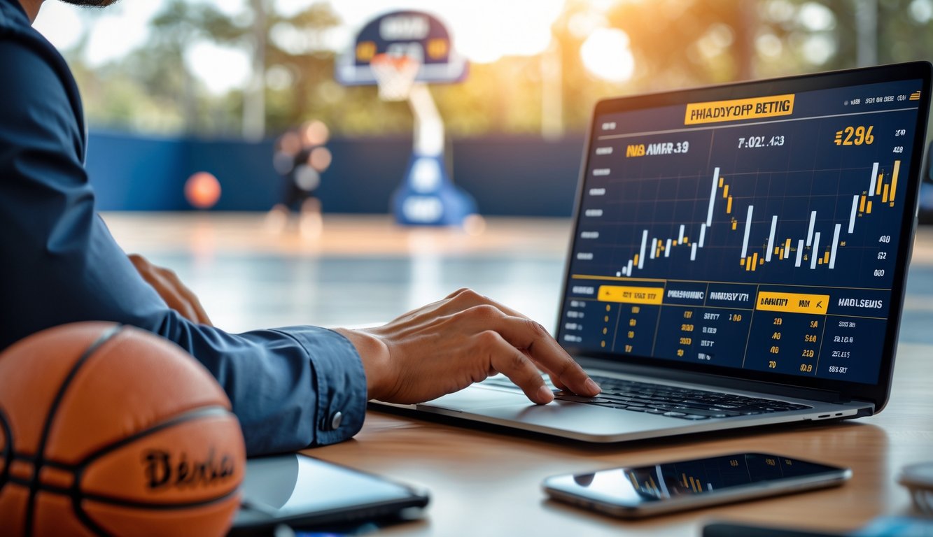 Seseorang sedang menganalisis statistik dan peluang taruhan bola basket NBA di laptop dan ponsel dengan lapangan basket samar di latar belakang.
