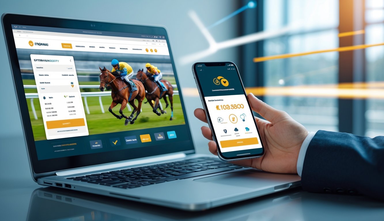 Seseorang menggunakan laptop dan ponsel untuk memasang taruhan balap kuda secara online dengan metode pembayaran cepat.