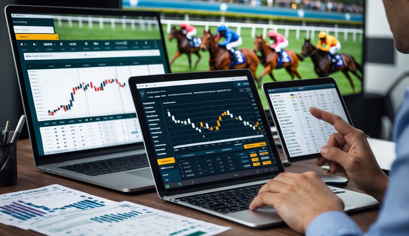 Seorang pemain taruhan balap kuda sedang menganalisis data dan memasang taruhan di meja kerja dengan perangkat digital dan layar menampilkan balapan kuda.