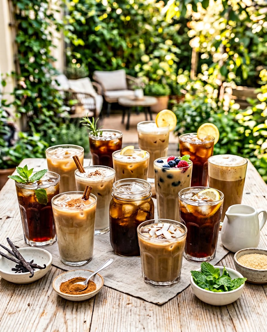 13 Summer Iced Coffee Recipes Under 100 Calories That Still Taste Like a Café Treat 1 Thirteen different iced coffee drinks lined up on a table, each with ice and individual garnishes including mint sprigs, lemon twists, and small bowls of spices and citrus in the foreground.
