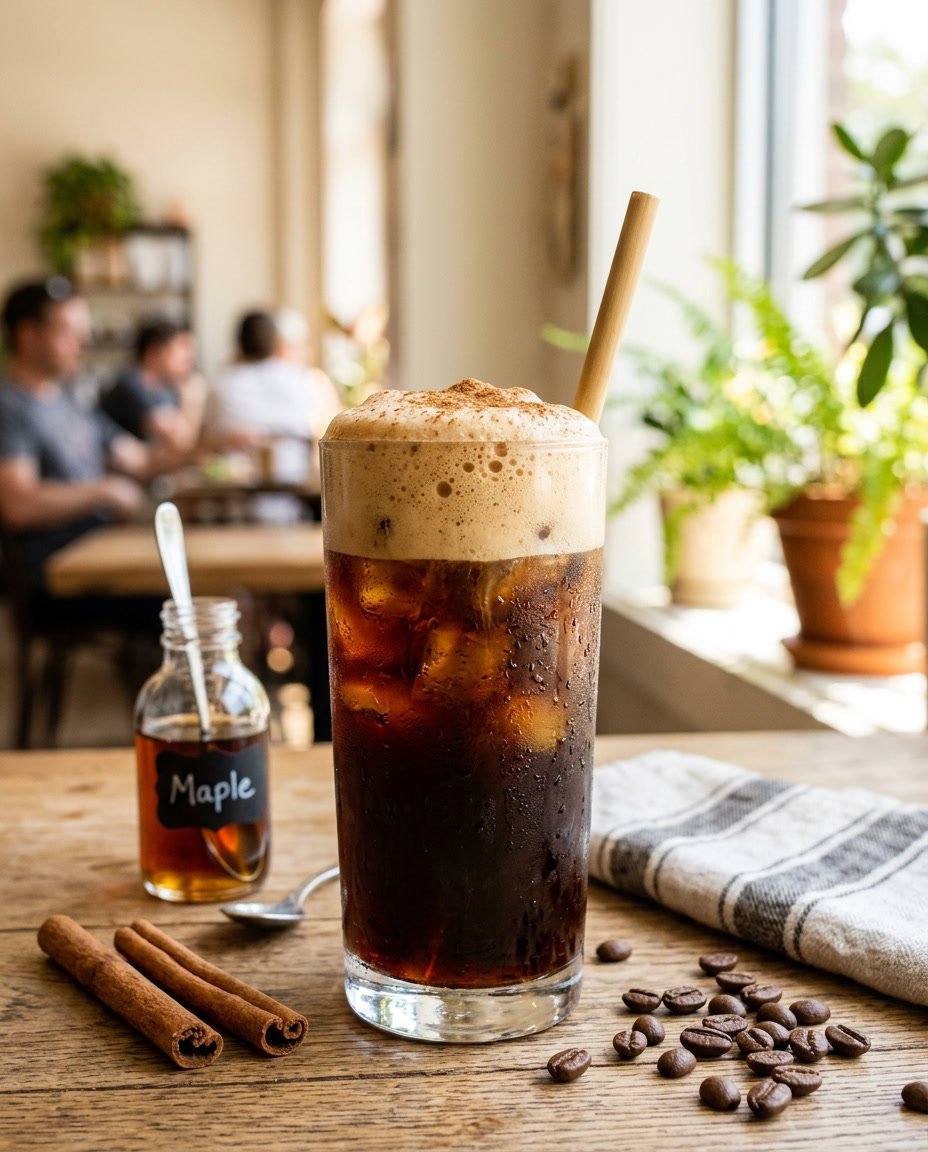 13 Summer Iced Coffee Recipes Under 100 Calories That Still Taste Like a Café Treat 2 A glass of cold brew coffee topped with a thick, pale cinnamon-maple foam on a wooden table, with cinnamon sticks and a small maple syrup bottle arranged nearby.