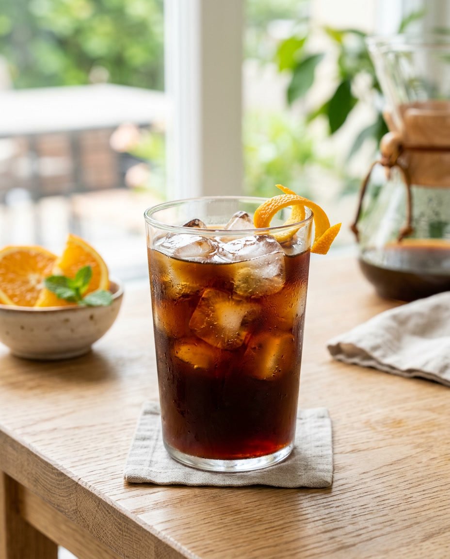 13 Summer Iced Coffee Recipes Under 100 Calories That Still Taste Like a Café Treat 3 A tall glass of iced Americano with large clear ice cubes and a curled orange zest twist resting on the rim, blurred orange slices and a coffee pot visible in the background on a wooden table.