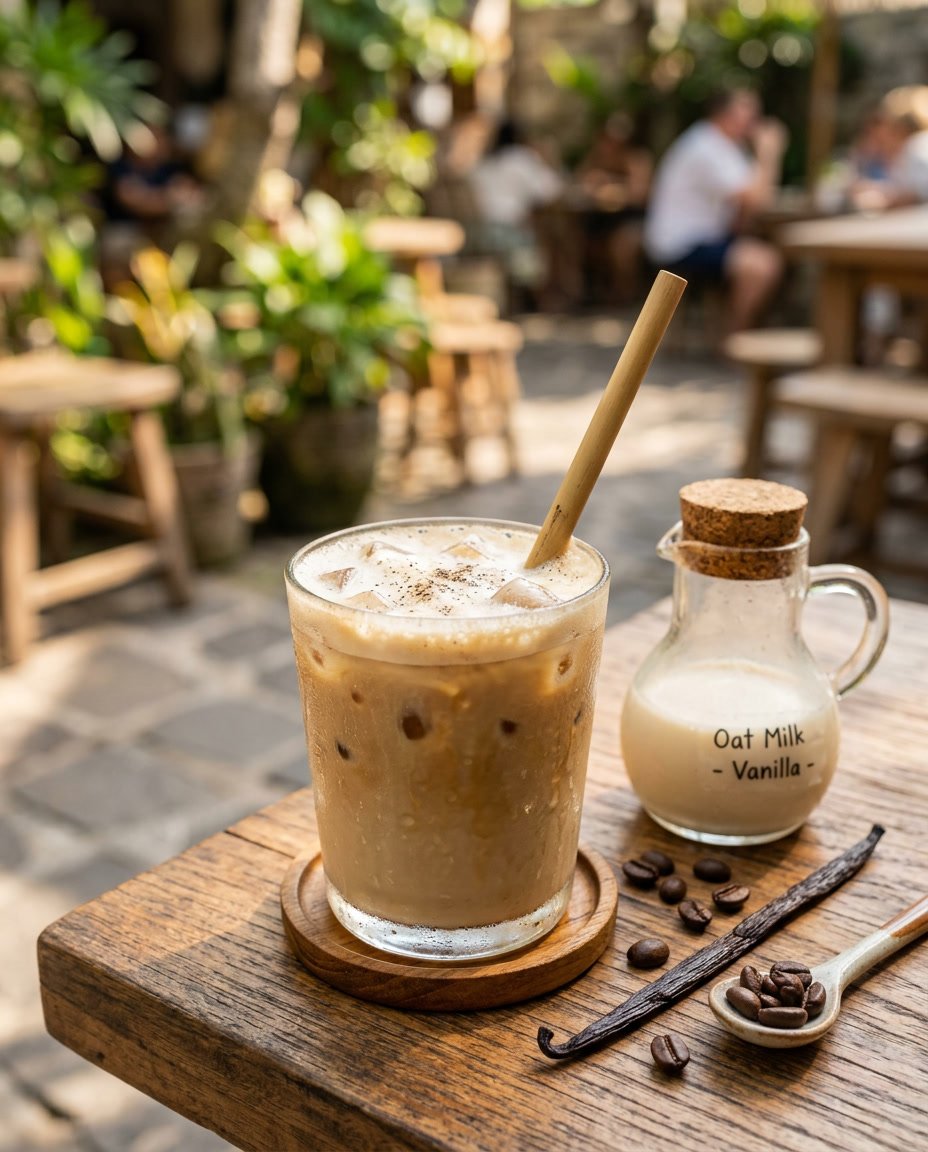 13 Summer Iced Coffee Recipes Under 100 Calories That Still Taste Like a Café Treat 4 A glass of pale golden vanilla oat iced latte with rounded ice cubes on a wooden table, surrounded by scattered coffee beans and a split vanilla pod.
