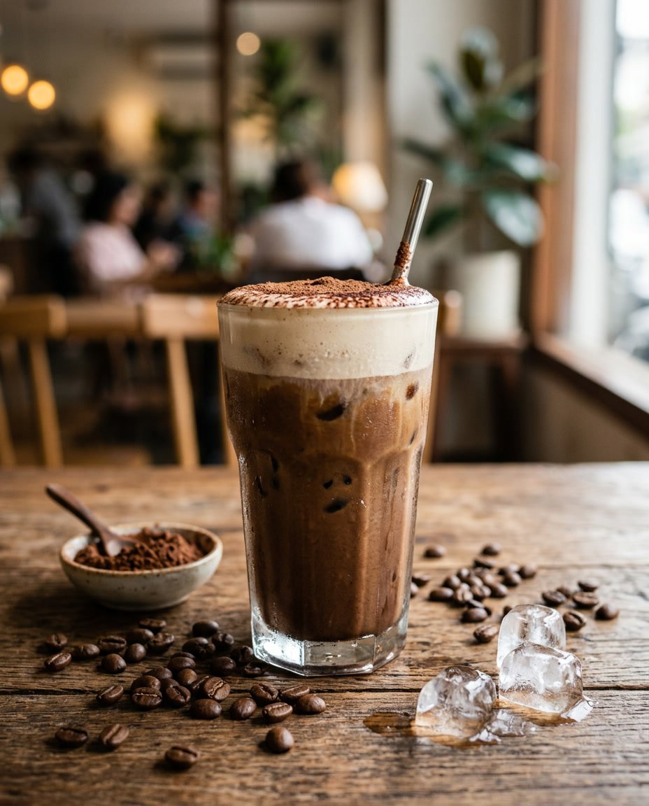 13 Summer Iced Coffee Recipes Under 100 Calories That Still Taste Like a Café Treat 5 A tall glass of mocha cold brew with a layer of creamy foam and a fine dusting of dark cocoa powder on top, placed on a wooden table surrounded by coffee beans and loose cocoa powder.