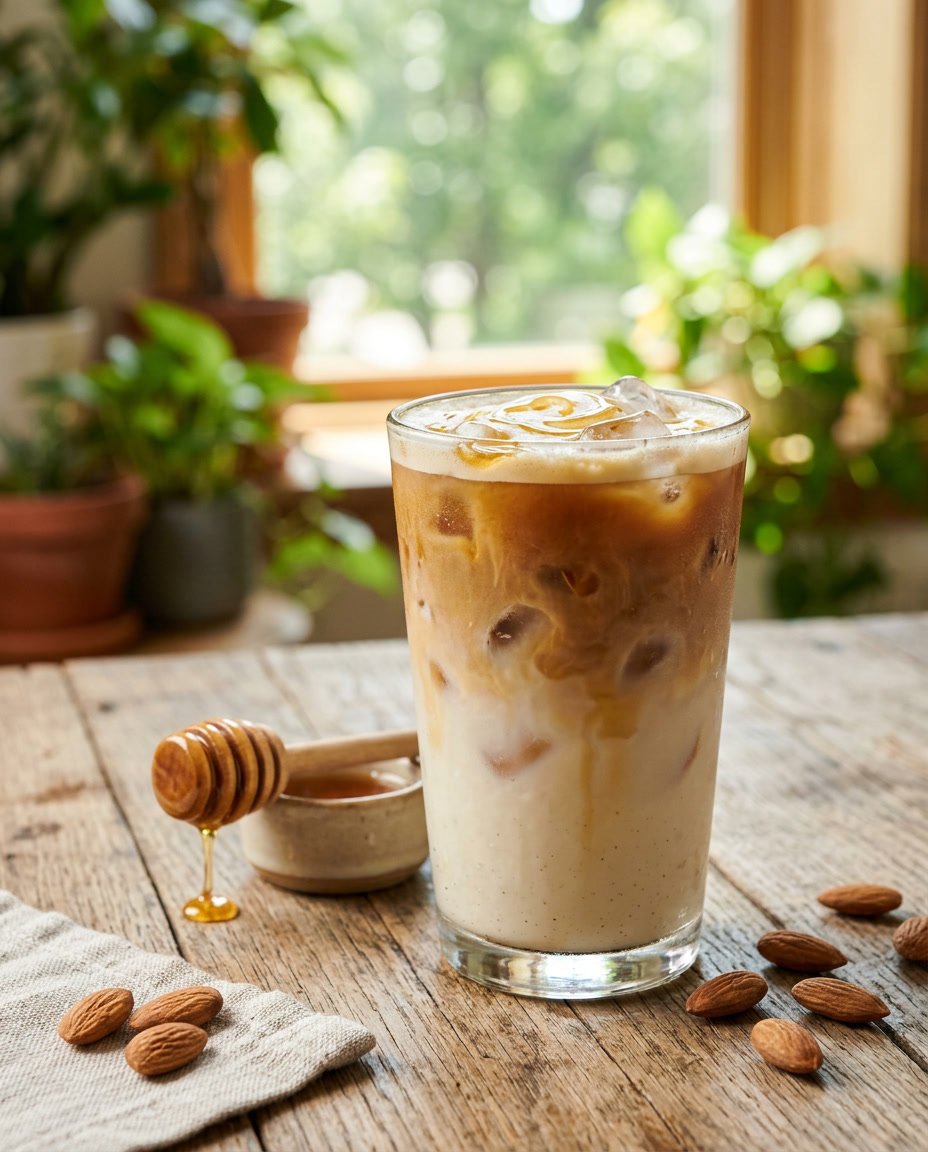 13 Summer Iced Coffee Recipes Under 100 Calories That Still Taste Like a Café Treat 6 A glass of iced honey-almond latte with rounded ice cubes on a wooden table, with whole almonds scattered nearby and a wooden honey dipper resting against the glass.