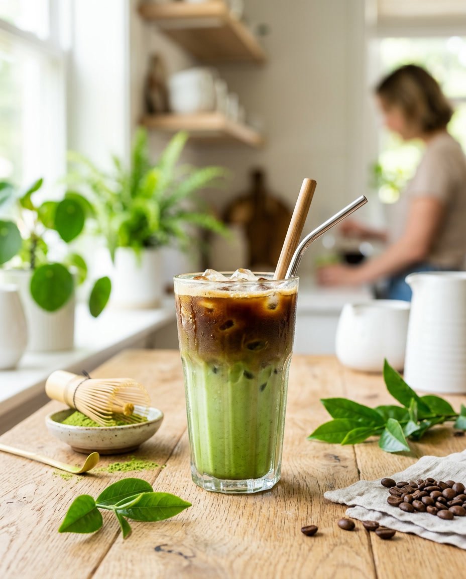13 Summer Iced Coffee Recipes Under 100 Calories That Still Taste Like a Café Treat 7 A tall glass of iced matcha coffee showing a distinct layered green-and-brown swirl with ice cubes, set on a wooden table surrounded by green tea leaves and roasted coffee beans.