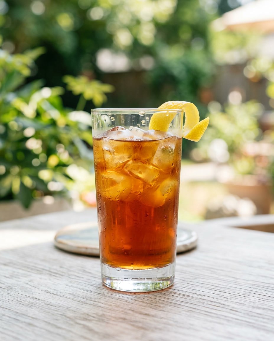 13 Summer Iced Coffee Recipes Under 100 Calories That Still Taste Like a Café Treat 8 A glass of pale amber cascara iced coffee with large ice cubes and a wide lemon peel garnish draped over the rim, with soft blurred greenery in the background.