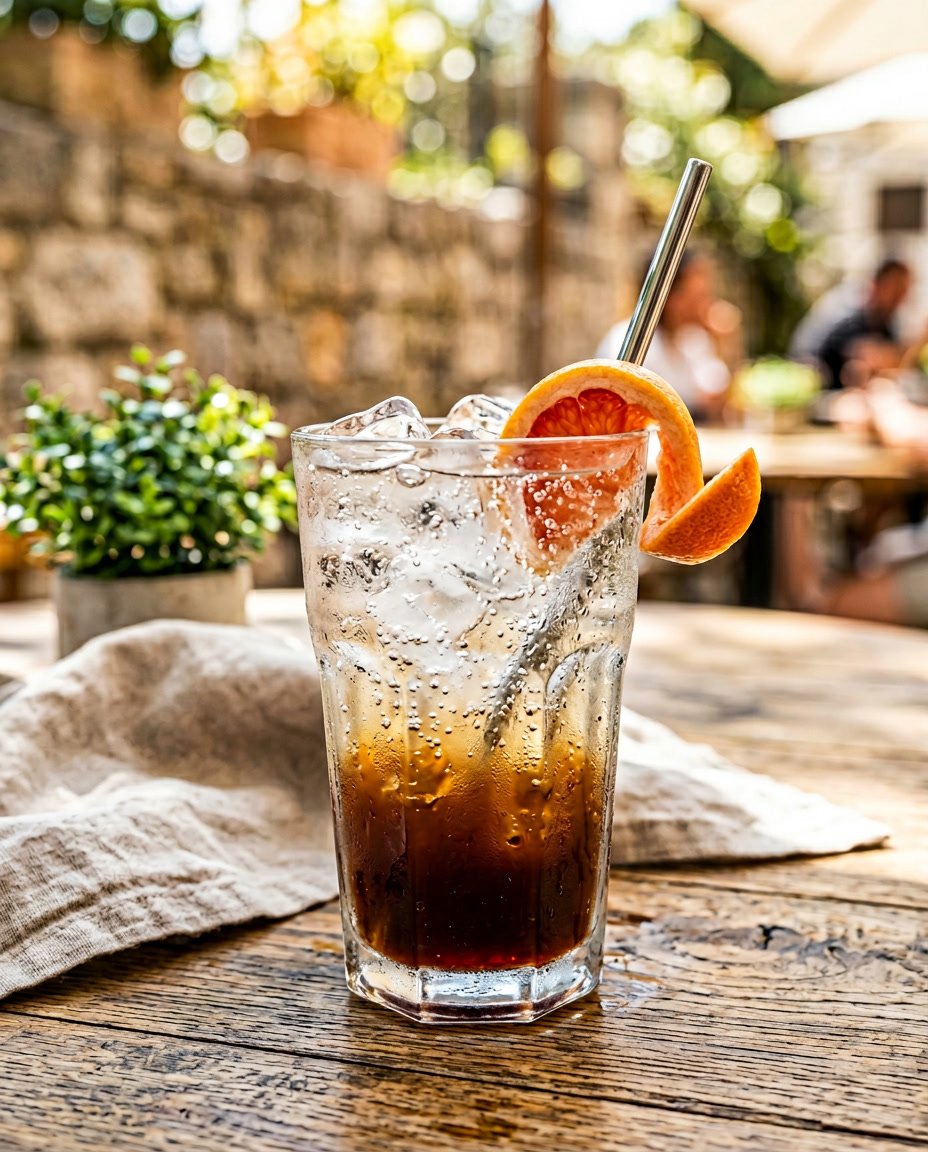 13 Summer Iced Coffee Recipes Under 100 Calories That Still Taste Like a Café Treat 9 A glass of iced espresso tonic with ice cubes and a wide grapefruit peel twist balanced on the rim, photographed on a bright white surface with sharp natural light.