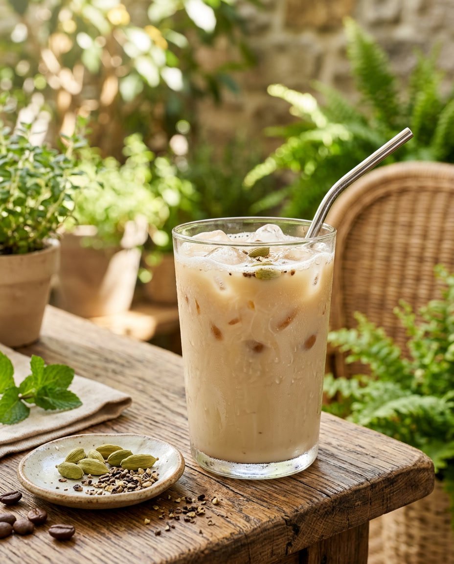 13 Summer Iced Coffee Recipes Under 100 Calories That Still Taste Like a Café Treat 10 A glass of iced Colombian single-origin coffee with large clear ice cubes and two whole green cardamom pods resting on the rim, set on a warm wooden surface.