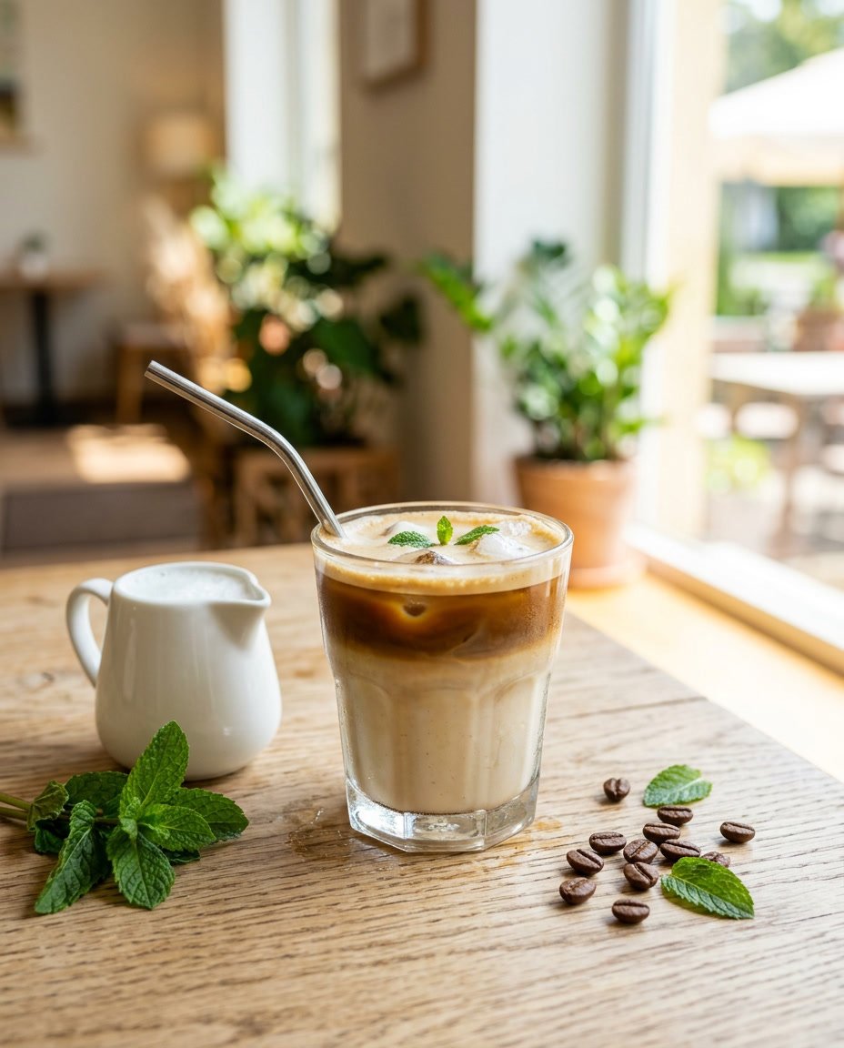 13 Summer Iced Coffee Recipes Under 100 Calories That Still Taste Like a Café Treat 11 A short glass of iced cortado with steamed skim milk poured over a dense layer of ice cubes, with mint leaves and coffee beans scattered on the wooden table beside it.