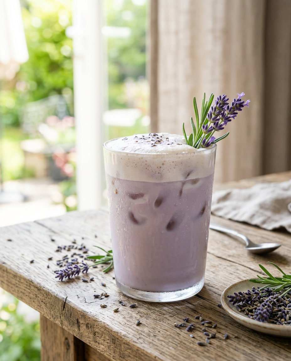 13 Summer Iced Coffee Recipes Under 100 Calories That Still Taste Like a Café Treat 12 A glass of pale purple iced lavender latte with ice and a fresh lavender sprig resting on top, surrounded by dried lavender buds scattered on the wooden table.