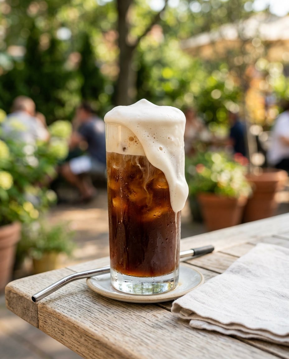 13 Summer Iced Coffee Recipes Under 100 Calories That Still Taste Like a Café Treat 13 A tall glass of dark iced coffee with a thick white vanilla cold foam overflowing over the rim, placed on a wooden surface with a blurred warm outdoor background.