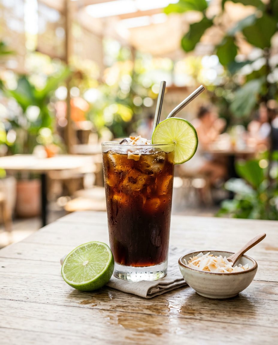 13 Summer Iced Coffee Recipes Under 100 Calories That Still Taste Like a Café Treat 14 A glass of iced black coffee with a lime wedge balanced on the rim and shredded coconut on the table beside a halved lime, placed on a warm wooden surface.